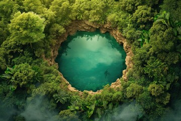 A serene aerial view of a lake surrounded by lush trees