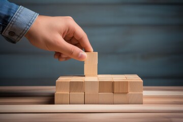 Person placing a block into a stack of wooden blocks