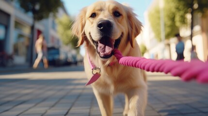 A cute dog with a pink leash walking on a sidewalk