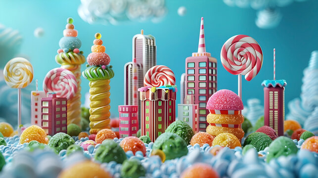 Dreamy Candy-Coated Cityscape with Lollipop Skyscrapers and Swirling Dessert Landscapes in Style