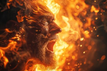 An emotional photograph displaying a man's outcry set against a backdrop of visceral, raging fire - obrazy, fototapety, plakaty