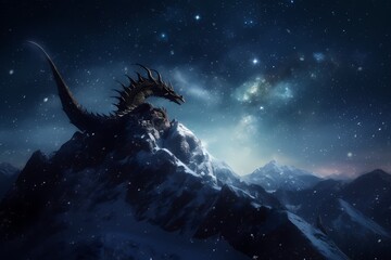 **A starry night sky above a snow-capped mountain peak, with a majestic dragon soaring amidst the...