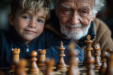 Affectionate moment between a grandfather and his grandson while playing chess