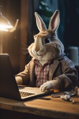 A rabbit sitting at a desk with a laptop