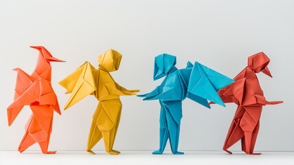 Colorful origami human figures in red, yellow, and blue interacting on a white surface.