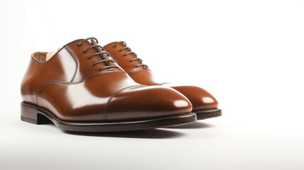 A pair of polished brown leather Oxford shoes on a white background.