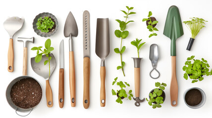 Gardening tools and green plants arranged on a white background.