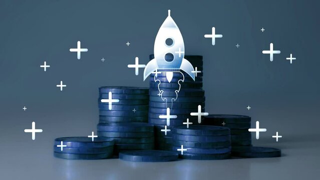 An animated flying rocket and mathematical plus signs against a background of columns of blue colored coins. Cg