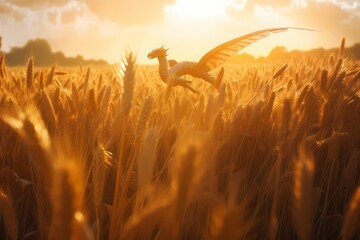 **A sun-kissed field of golden wheat swaying in the breeze, with a graceful dragon soaring gracefully overhead - obrazy, fototapety, plakaty