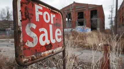 A For Sale sign sits in front of an abandoned factory