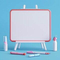 A frame with a blank canvas and a set of colorful markers and a spray bottle on a blue background. - obrazy, fototapety, plakaty