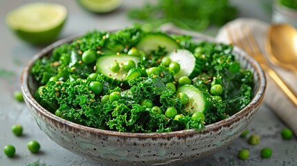   A tight shot of a bowl filled with broccoli and sliced cucumbers on a table, accompanied by a nearby spoon - obrazy, fototapety, plakaty