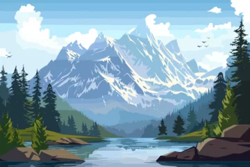 Poster Serene landscape with majestic mountains, lush green forest, and tranquil lake © Vector