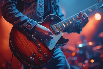 Close-up of a guitarist masterfully shredding on an electric guitar amidst theatrical stage lighting at a concert
