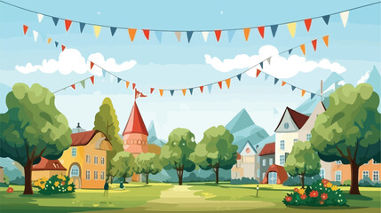 Picturesque village green with maypole and colorful
