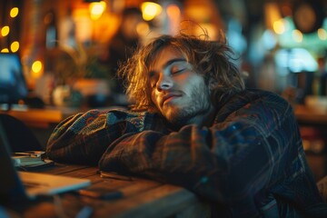 Fototapeta premium A young man is asleep at a table, perhaps during a study or work break, evoking rest and fatigue
