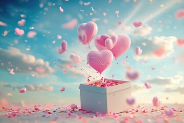 A festive white box filled with pink balloons and confetti, perfect for celebrations