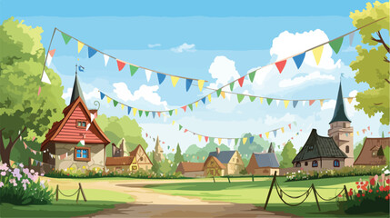 Picturesque village green with maypole and colorful - obrazy, fototapety, plakaty