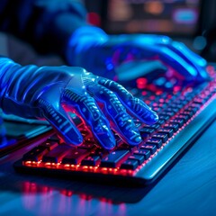 A hacker in gloves is typing on a keyboard with red backlight - obrazy, fototapety, plakaty