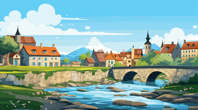 Picturesque riverside village with stone bridges an