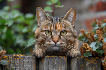 Portrait of a grey tabby cat over rustic wooden fence