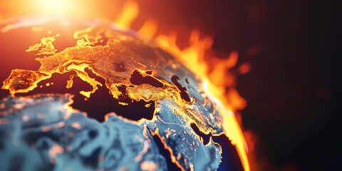 Earth globe under the extreme heat of the sun, the world burning into flame, destroyed by fire, conceptual illustration of global warming, temperature increase and climate change disaster - 784476554