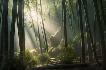 **A tranquil bamboo forest bathed in soft sunlight, where a graceful dragon roams freely among the swaying stalks - obrazy, fototapety, plakaty