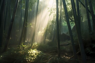 **A tranquil bamboo forest bathed in soft sunlight, where a graceful dragon roams freely among the...
