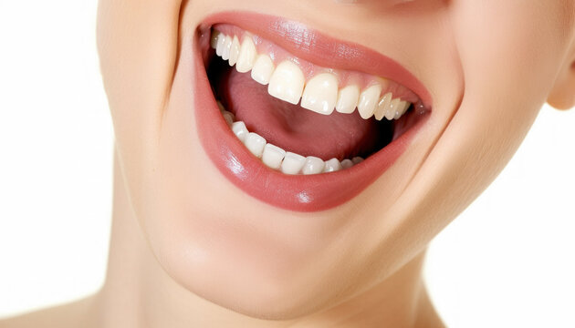 A photo centered on a female smile with perfect white teeth.