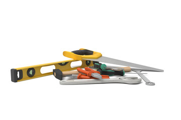 Hand tools arranged with level and saw - 784476714