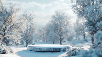 A serene snow-covered park with a circular bench