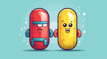 Pill capsule cartoon mascot characters 2d flat cartoon - obrazy, fototapety, plakaty