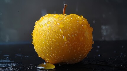   A yellow apple atop a black table, dripping with raindrops against a gray background