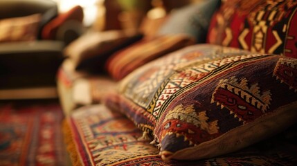 Close up of a cozy couch with numerous pillows, perfect for home decor websites or interior design blogs