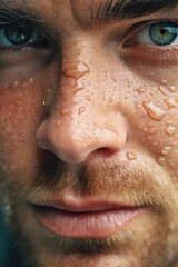 Obraz premium Close up of a man with water droplets on his face, suitable for skincare products promotion