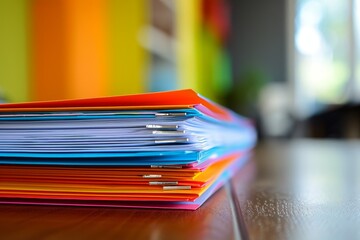 A stack of colorful folders sit on a wooden table. - obrazy, fototapety, plakaty