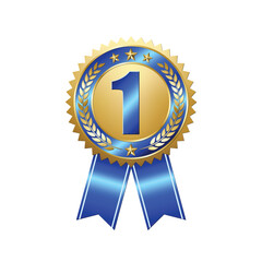 First prize gold medal on isolated white background. Award badge with blue ribbon. Champion symbol of victory in competitive games. Vector illustration.