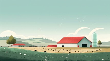 A vector illustration of a farm with a red barn, silo and grazing cows - obrazy, fototapety, plakaty