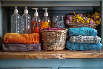 A bathroom cabinet neatly organized with housekeeping essentials, such as detergent, folded towels and more.