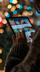 A woman is using a tablet while sitting in front of a Christmas tree.