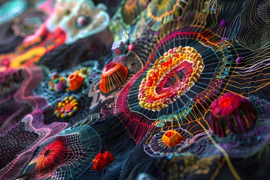A colorful piece of fabric with a flowery design. The flowers are made of different colored yarns and are scattered all over the fabric. Scene is vibrant and cheerful, with the bright colors