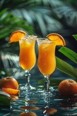 An elegant cocktail served in a tulip glass with juicy orange, amidst palm leaves.
