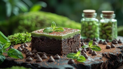   A chocolate cake sits atop a weathered wooden table, accompanied by a jar of chocolate chips and mints nearby