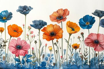 Fototapeta na wymiar A colorful watercolor illustration of poppy blossoms, evoking the beauty of summer nature.