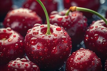Organic, juicy red cherries adorned with glistening droplets offer a burst of sweetness.