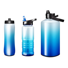 Water bottle isolated on white background. Vector mock-up blue color set. Reusable travel sport flask. Realistic mockup