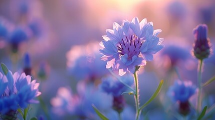   A tight shot of a purple bloom amidst a sea of blue blossoms under a sun-kissed sky - obrazy, fototapety, plakaty