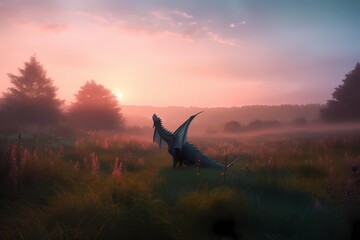 **A tranquil meadow at sunrise, with a majestic dragon spreading its wings in the first light of dawn - obrazy, fototapety, plakaty