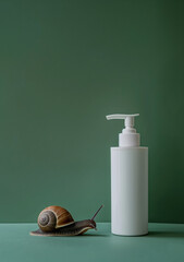 Minimalist composition with snail and lotion pump bottle on green background.
