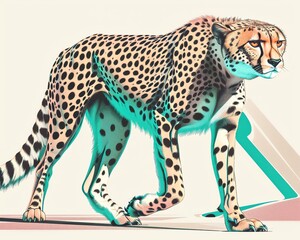 A poised cheetah readies to pounce, its sleek form and spotted coat dramatized by the white backdrop, seen in dynamic closeup